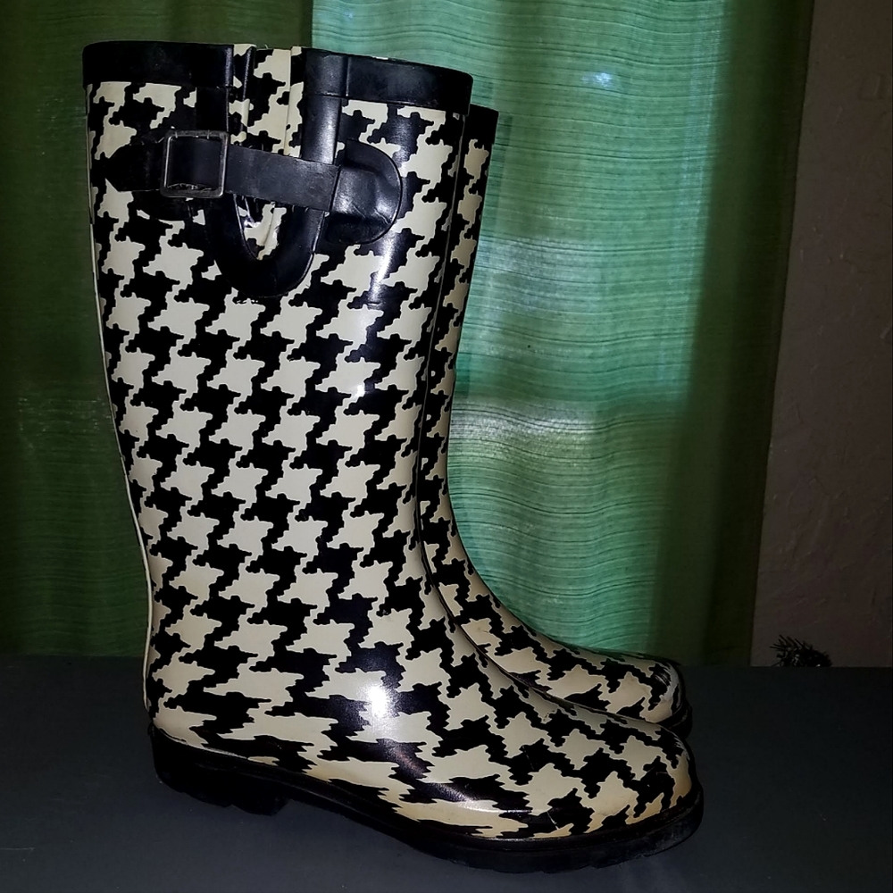 Black White Houndstooth Mid-Calf Pull-On Rubber Rain Boots Adjustable Straps W/6 - Picture 1 of 11